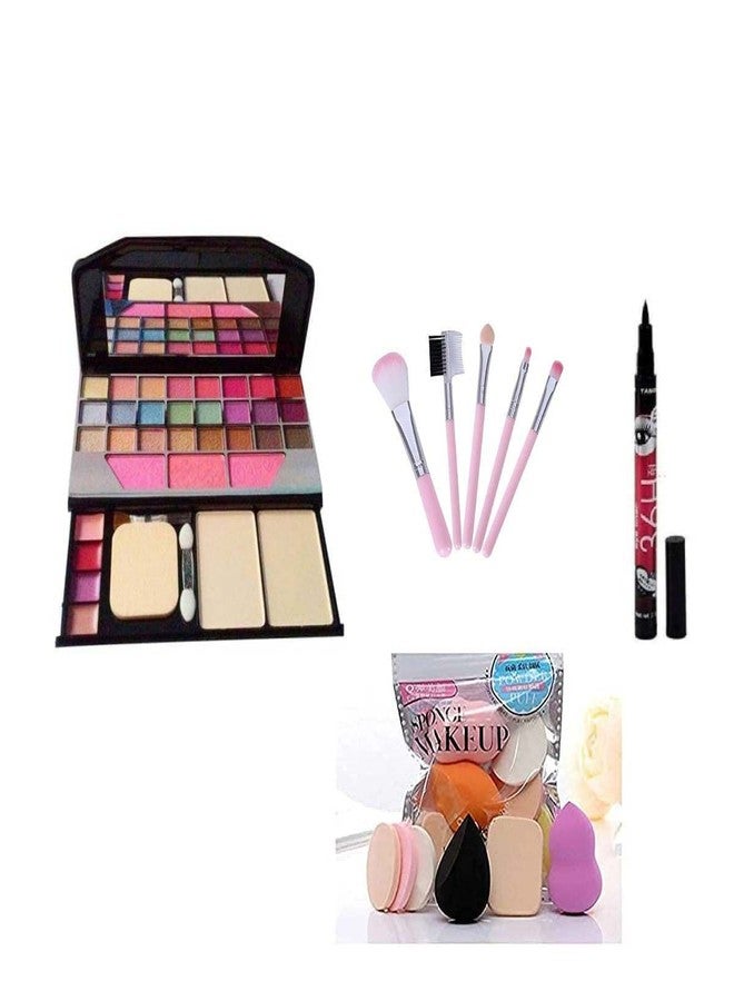Aabhir TRADERS Women's & Girl's Aabhir Traders clour Makeup Kit and 5 Pink Makeup Brushes Set, 6 Sponges Pack and 1 36H Waterproof Liquid Eyeliner - (Pack of 13) - Image 1