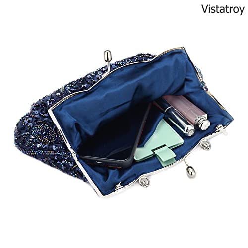 VISTATROY حقيبة فيستاتروي الزهرية المسائية بتصميم خرز وخرز لامع مع قفل تقبيل عتيق حقيبة كلاتش ساتان لحفلات الزفاف والحفلات (زرقاء) - Image 4