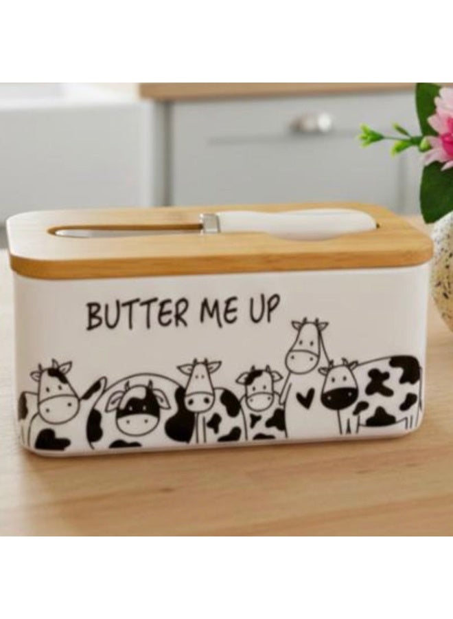 Porcelain Butter Dish with Bamboo Lid & Knife, Cow Cartoon Design, "Butter Me Up" - Image 1