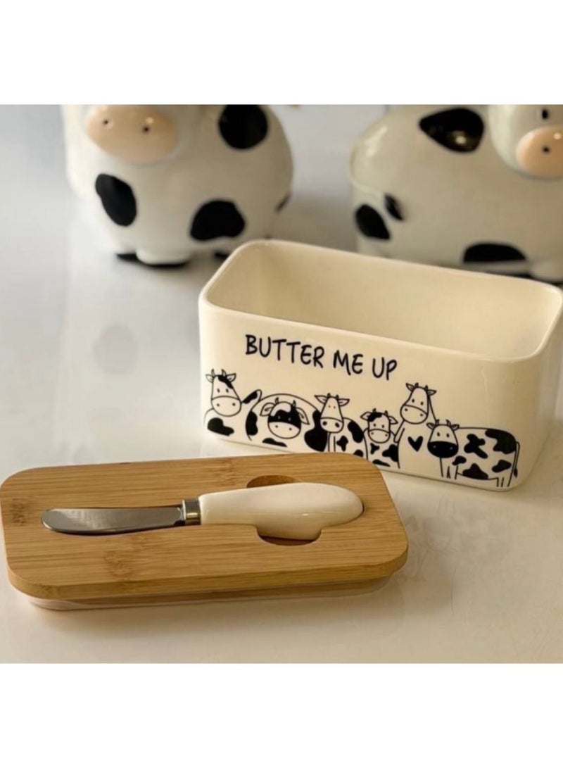 Porcelain Butter Dish with Bamboo Lid & Knife, Cow Cartoon Design, "Butter Me Up" - Image 2