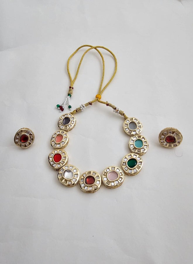 Binnis Wardrobe Gold Plated Kundan Studded Enamelled Necklace And Earrings - Image 3