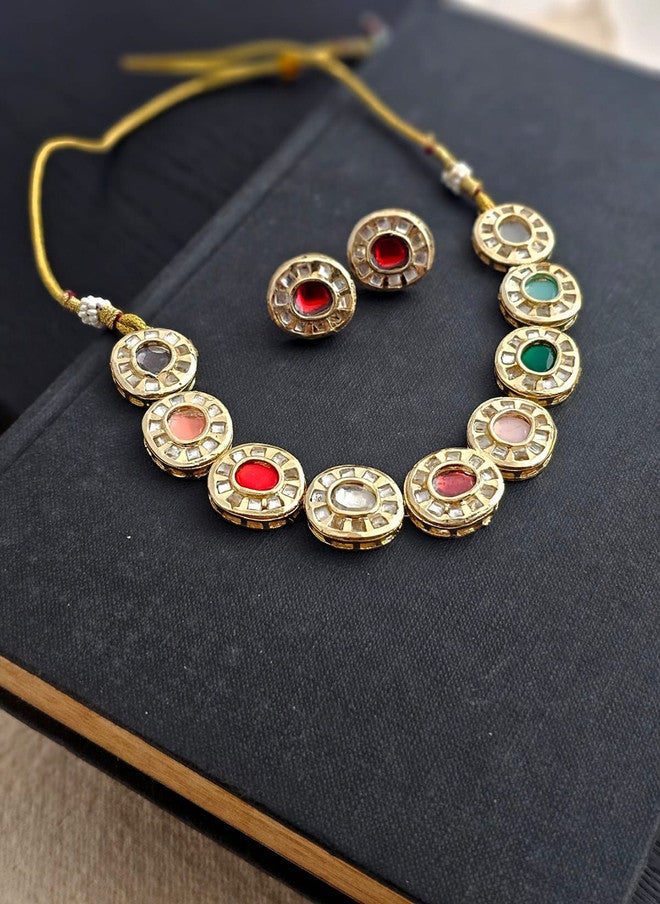 Binnis Wardrobe Gold Plated Kundan Studded Enamelled Necklace And Earrings - Image 2
