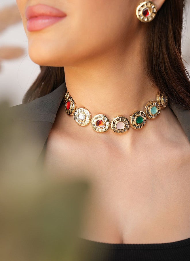 Binnis Wardrobe Gold Plated Kundan Studded Enamelled Necklace And Earrings - Image 1