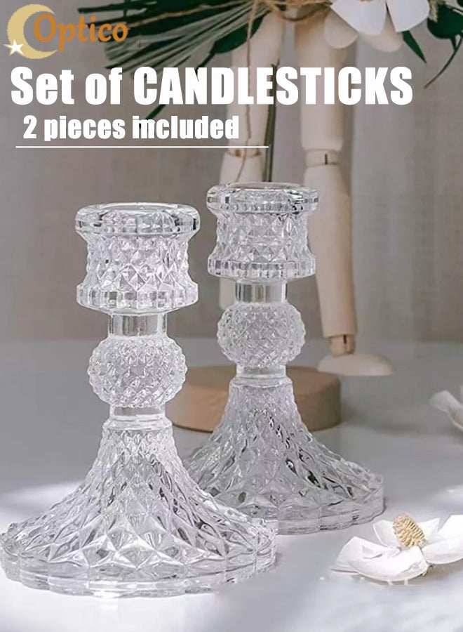 Optico Taper Candle Holders Set of 2, Clear Glass Candlestick Holder Crystal Decorative Candle Stand Centerpiece for Table Wedding Dinning Party  - Image 1