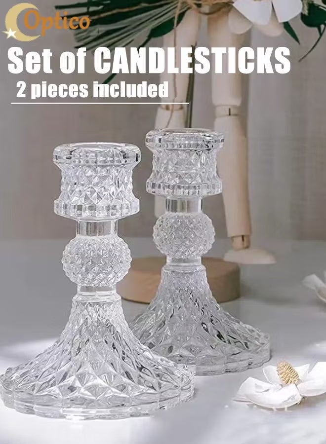 أوبتيكو مجموعة حاملات الشموع المدببة من قطعتين، حامل شموع زجاجي شفاف، حامل شموع مزخرف من الكريستال، قطعة مركزية، حامل شموع زجاجي سميك لحفلات الزفاف، والعشاء الرومانسي، وحفلات الطعام، والمهرجانات، وديكور حافة النافذة - Image 1