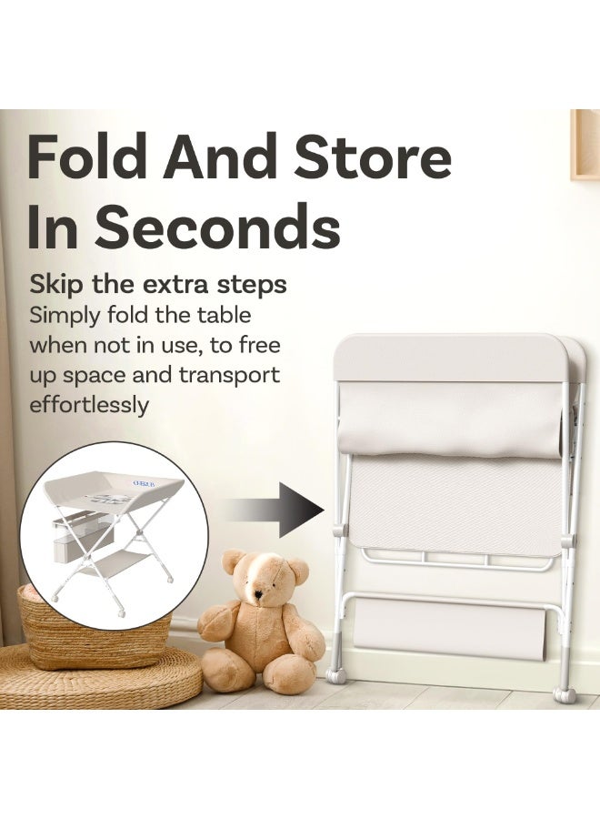 ACPLAY Foldable Baby Changing Table with Lockable Wheels, 3-Height Adjustable Diaper Changing Station with Waterproof Top & Extra-Large Storage, Space-Saving Nursery Organizer for Newborns & Infants - Image 3