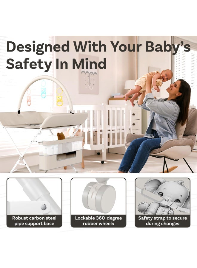 ACPLAY Foldable Baby Changing Table with Lockable Wheels, 3-Height Adjustable Diaper Changing Station with Waterproof Top & Extra-Large Storage, Space-Saving Nursery Organizer for Newborns & Infants - Image 5