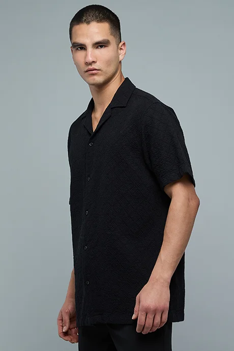 أر أند بي Textured Shirt with Revere Collar and Short Sleeves