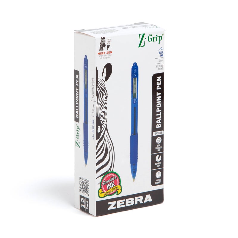 Zebra Pen Z-Grip Retractable Ballpoint Pen, Smooth-Flowing Blue Ink, 1.0mm Medium Point, School Supplies, Teacher Supplies and Office Supplies, 12-Count (22220) - Image 1