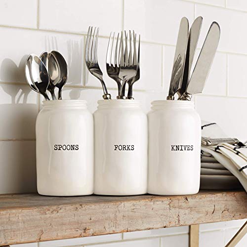 Mud Pie Farmhouse Ceramic Triple Utensil Holder - Image 2