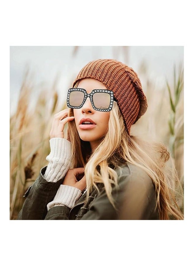 Women Oversize Square Sparkling Sunglasses, Retro Thick Frame Disco Sunglasses (Black) - Image 5