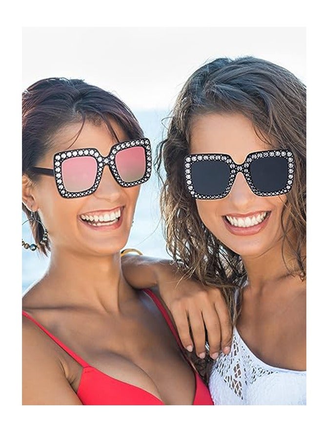 Women Oversize Square Sparkling Sunglasses, Retro Thick Frame Disco Sunglasses (Black) - Image 4