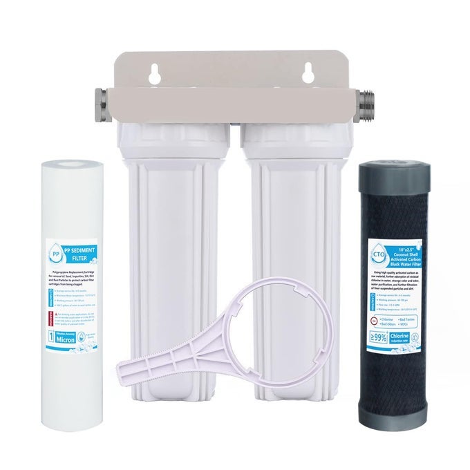 EXTERNAL RV DUAL WATER FILTER SYSTEM FOR REDUCING SEDIMENT DIRT SAND RUST SCALE PARTICLES CHLORINE TASTE 34 GHT 304 ADAPTERMOUNTING BRACKET AND TWO FILTERS INCLUDED