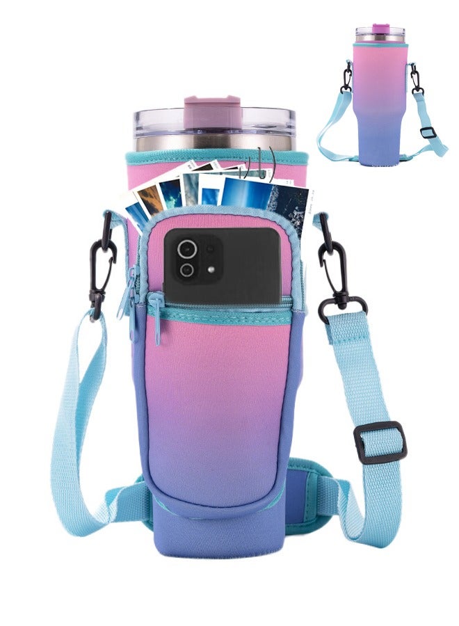 Haidue Water Bottle Carrier Bag With Phone Pocket For  40oz Tumbler Water Bottle Holder Pouch With Adjustable Shoulder Strap And Carabiner  Cup Accessories For Hiking Travelling Camping（No Cup）  - Image 1