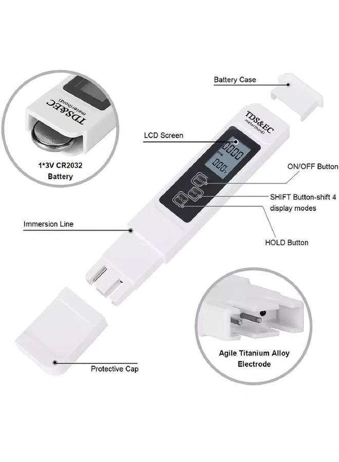 TDSC Digital Water White Water Quality Tester With LCD Display 4 Modes For Accurate Testing Ideal For Drinking Water And Aquariums Battery Operated Non Rechargeable Button Battery Included Portable Design Precise Measurement - Image 4