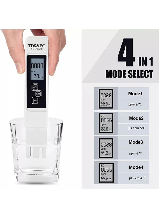 TDSC Digital Water White Water Quality Tester With LCD Display 4 Modes For Accurate Testing Ideal For Drinking Water And Aquariums Battery Operated Non Rechargeable Button Battery Included Portable Design Precise Measurement - Image 1