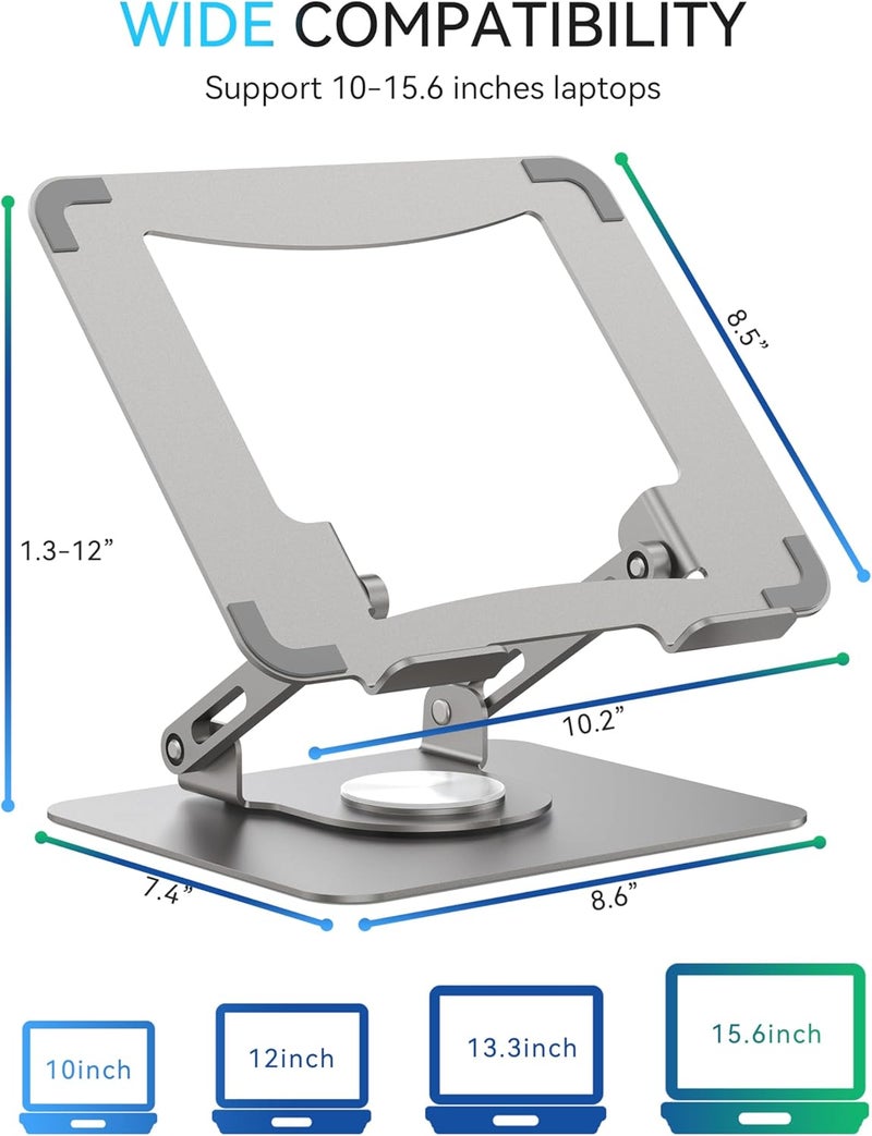 Laptop Stand with 360° Rotating Base - Ergonomic Adjustable Height Multi-Angle Foldable Holder for 10-15.6" Laptops, Silver Grey - Image 3