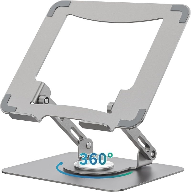 Laptop Stand with 360° Rotating Base - Ergonomic Adjustable Height Multi-Angle Foldable Holder for 10-15.6" Laptops, Silver Grey - Image 1