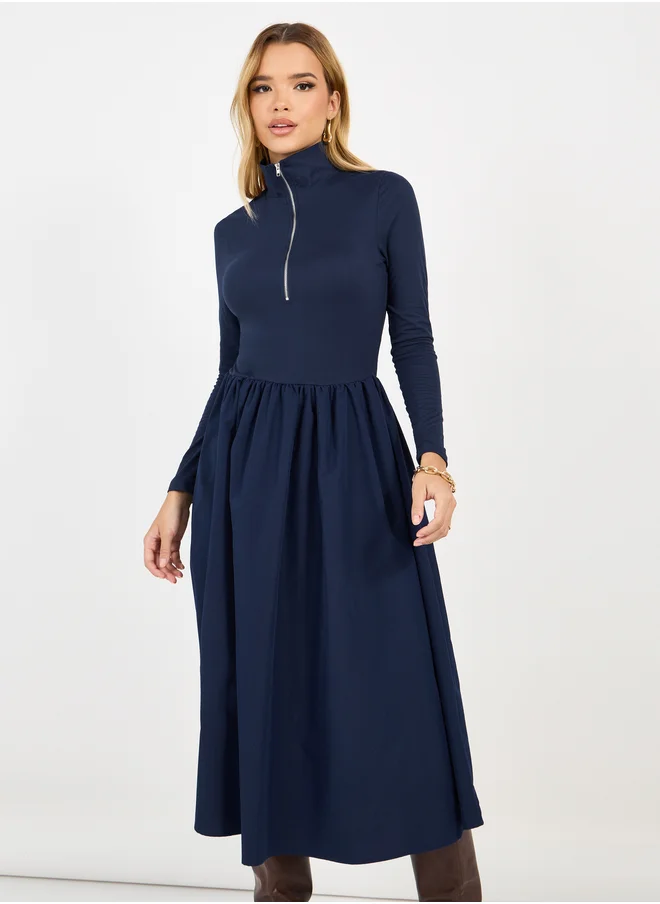Styli Styli Half Zip Placket Detail A-Line Midi Dress