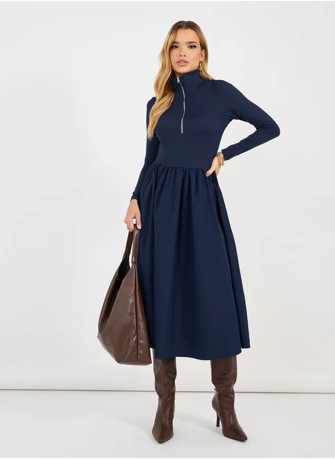 Styli Styli Half Zip Placket Detail A-Line Midi Dress