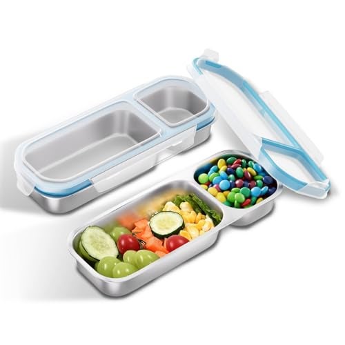 Bakpoco Stainless Steel Snack Containers for Kids Adults, 2 Pack 2 Compartment Metal Snack Containers Box with Lid, Reusable Food Storage Container, Leak Proof, Grab and Go, Blue - Image 1