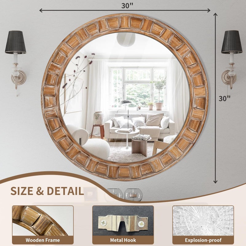 XGGJWW 30 Inch Brown Solid Wood Round Wall Mirrors, Decorative Circle Mirror for Bathroom, Bedroom, Living Room, Hallway, Foyer, Entryway - Image 2