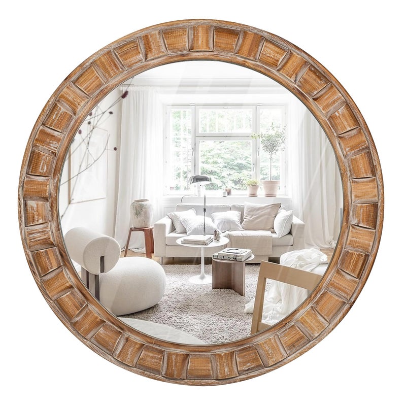 XGGJWW 30 Inch Brown Solid Wood Round Wall Mirrors, Decorative Circle Mirror for Bathroom, Bedroom, Living Room, Hallway, Foyer, Entryway - Image 1