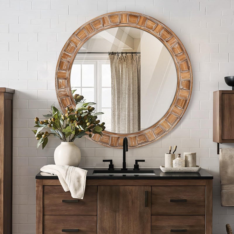 XGGJWW 30 Inch Brown Solid Wood Round Wall Mirrors, Decorative Circle Mirror for Bathroom, Bedroom, Living Room, Hallway, Foyer, Entryway - Image 3