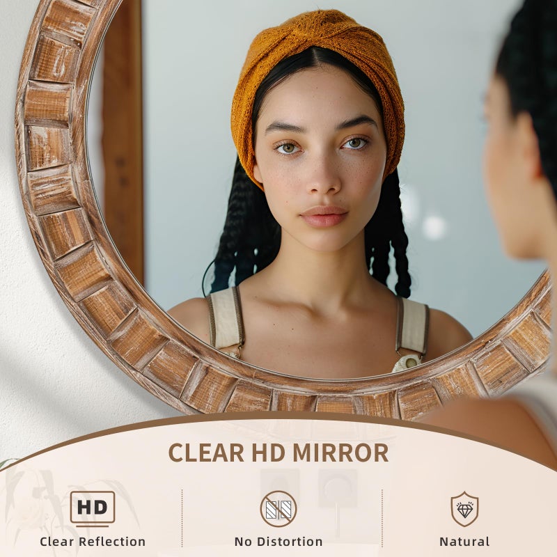 XGGJWW 30 Inch Brown Solid Wood Round Wall Mirrors, Decorative Circle Mirror for Bathroom, Bedroom, Living Room, Hallway, Foyer, Entryway - Image 4