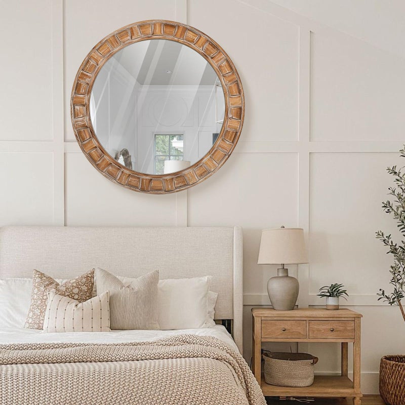 XGGJWW 30 Inch Brown Solid Wood Round Wall Mirrors, Decorative Circle Mirror for Bathroom, Bedroom, Living Room, Hallway, Foyer, Entryway - Image 5