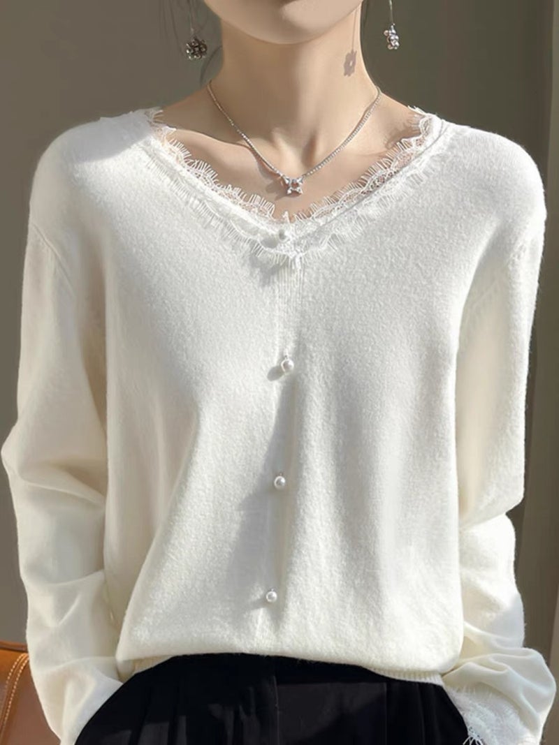 Soft Women's Small Fragrance Style VNeck Lace Trim Thin Knitted Sweater Low Neck Loose Sweater Top Style Inner Wear for Casual Daily Outfits