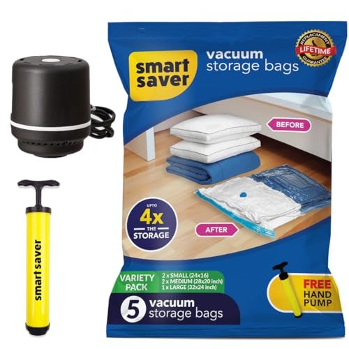 Smart Saver Polypropylene Vacuum Compression Bags|Vacuum Storage Bags|Vacuum Bags For Travel|Space Saver Vacuum Bags(Standard(2-S,2-M,1-L,)+ Electric&Manual Pump),White - Image 1
