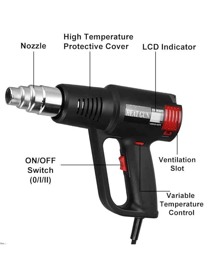 erorex 2000W Heating Gun Hot Air Gun With Lcd Digital Display 6 Nozzles Stepless Temperature Adjustment Overload Protection For Paint Stripping Pipework Soldering Car Wrapping Sticker Removing  - Image 4