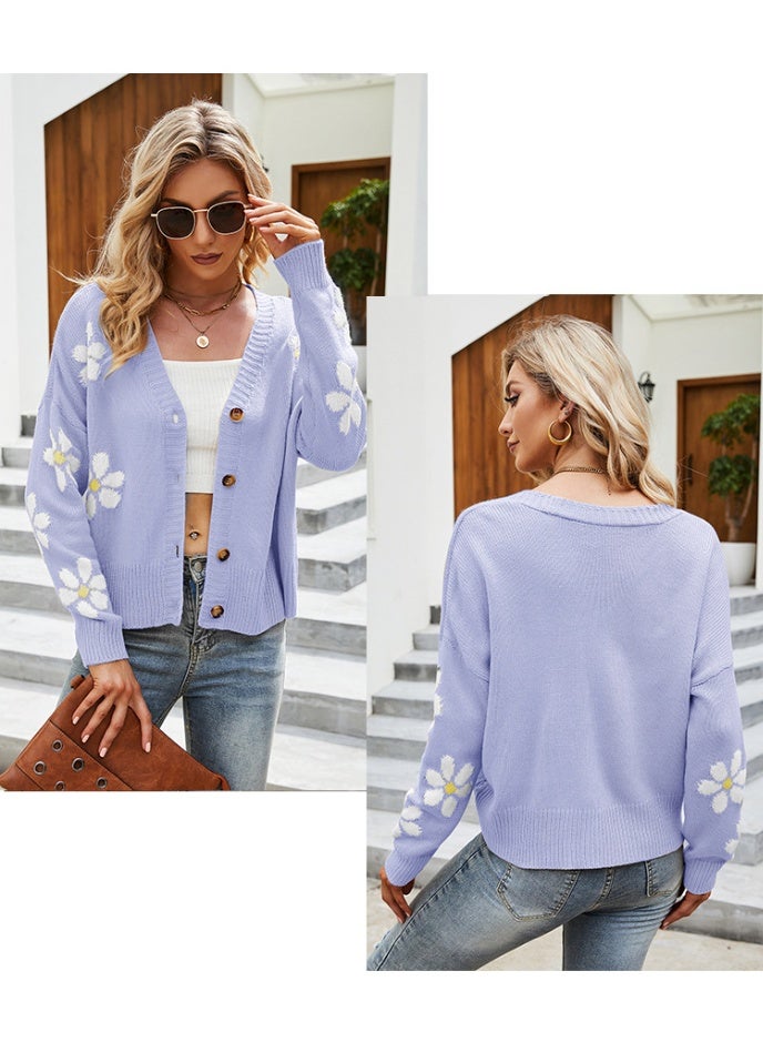 NIBEMINENT Women Loose Knit Cardigan V-neck Long Sleeve Button-down Flower Pattern Sweater Knitwear Spring Fall Casual Tops - Image 2