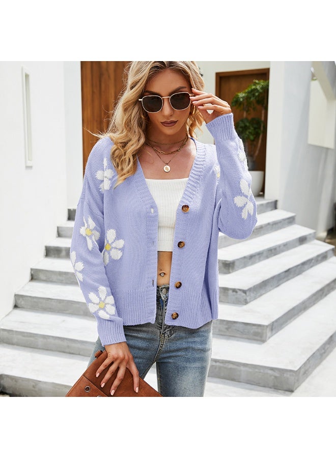 NIBEMINENT Women Loose Knit Cardigan V-neck Long Sleeve Button-down Flower Pattern Sweater Knitwear Spring Fall Casual Tops - Image 1