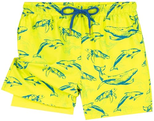 UMELOK Boys Swim Trunks Swimsuit Boxer Brief 2 in 1 Compression Liner Stretch Swim Shorts Quick Dry Beach Bathing Suit Neon Yellow Shark 5/6 - Image 1