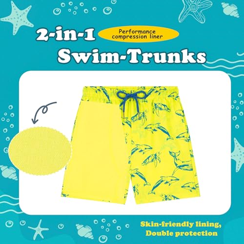 UMELOK Boys Swim Trunks Swimsuit Boxer Brief 2 in 1 Compression Liner Stretch Swim Shorts Quick Dry Beach Bathing Suit Neon Yellow Shark 5/6 - Image 2