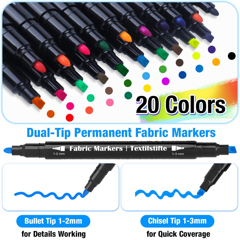 KERIFI Dual Tip Fabric Markers Permanent for Clothes, 20 Colors Fabric Decorating Paint Pens for Kids, T-Shirt Shoe Markers for Sneakers Clothing Canvas Textile Bibs Coloring Book (Chisel & Fine Tip) - Image 2