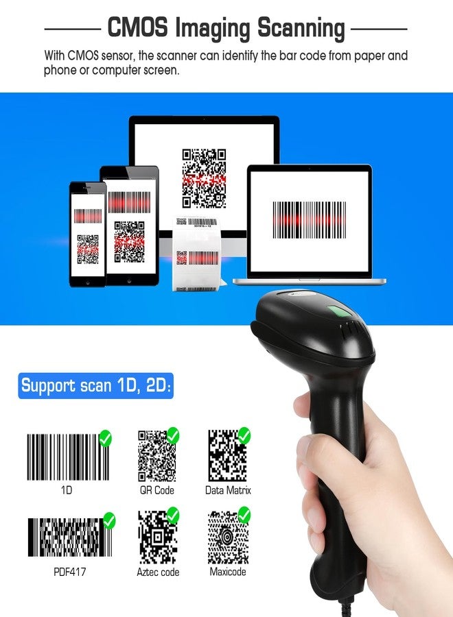 WoneNice USB 2D Barcode Scanner – Handheld Wired QR/PDF417/Data Matrix Reader for POS, Retail, Warehouse & Mobile Payment - Image 3