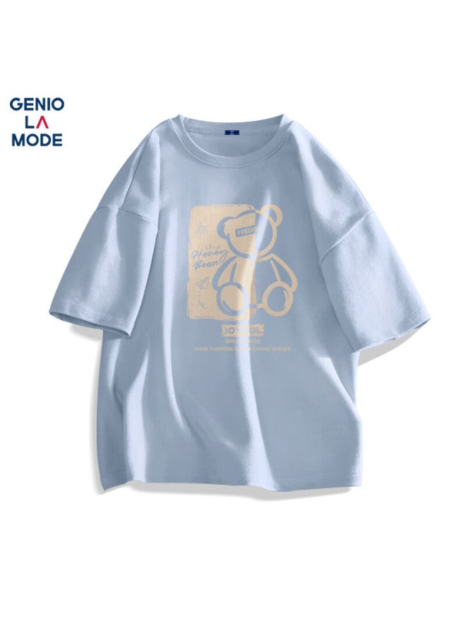 Geniolamode Men's Summer Cotton Loose Casual Simple Round Neck Printed Youth All-match Short Sleeve Men's T-shirt Ice Blue 2XL - Image 1