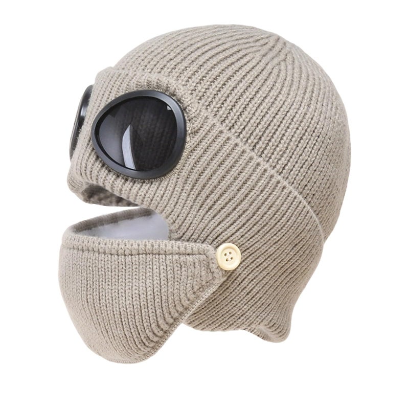 Khaki 3 In 1 Unisex Knitted Goggles Beanie Winter Warm Aviator Hat With Detachable Mask - Image 2