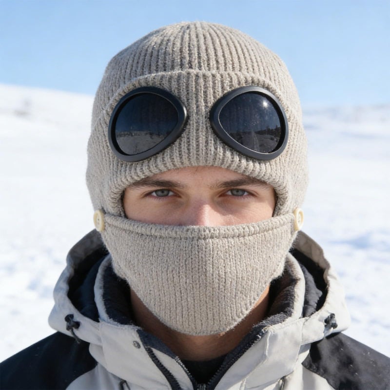 Khaki 3 In 1 Unisex Knitted Goggles Beanie Winter Warm Aviator Hat With Detachable Mask - Image 4