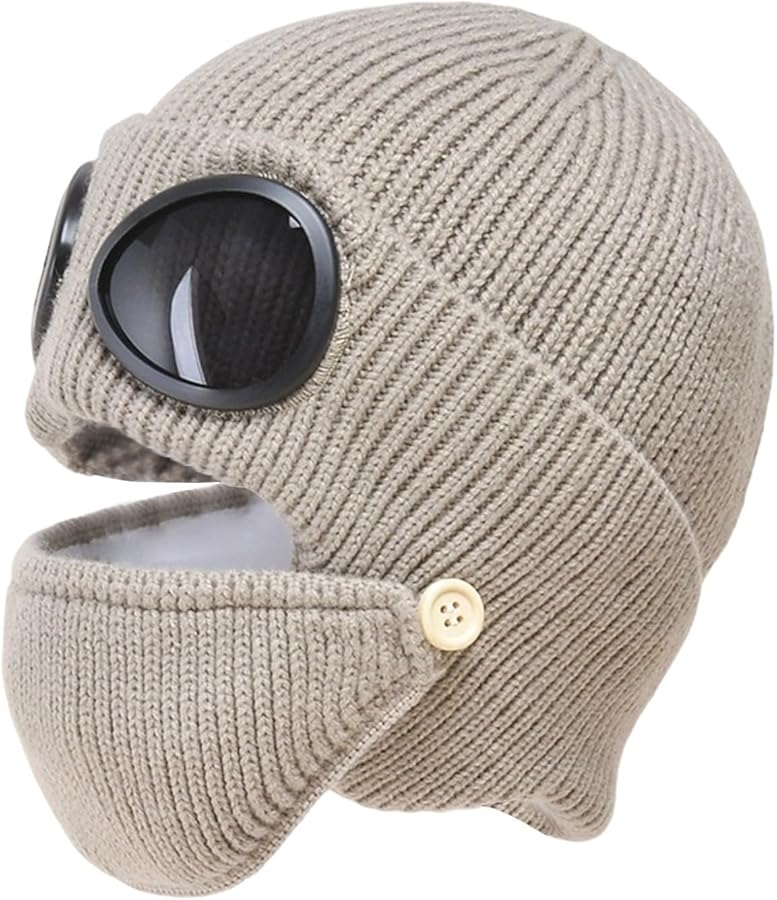 Khaki 3 In 1 Unisex Knitted Goggles Beanie Winter Warm Aviator Hat With Detachable Mask - Image 1