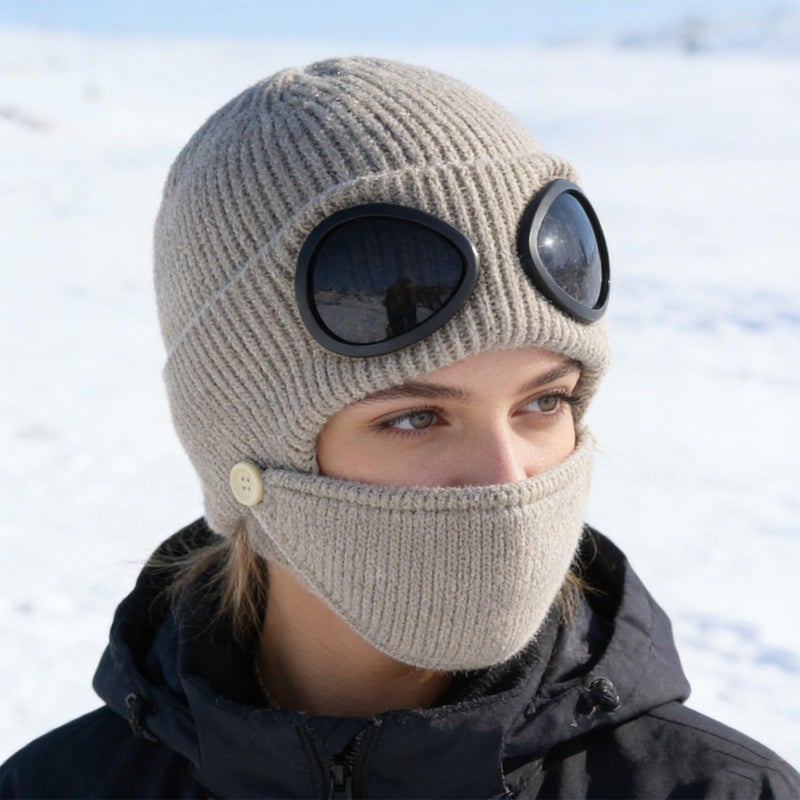Khaki 3 In 1 Unisex Knitted Goggles Beanie Winter Warm Aviator Hat With Detachable Mask - Image 5