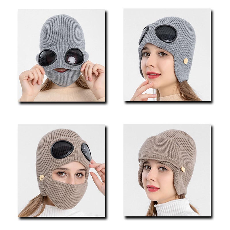 Khaki 3 In 1 Unisex Knitted Goggles Beanie Winter Warm Aviator Hat With Detachable Mask - Image 3