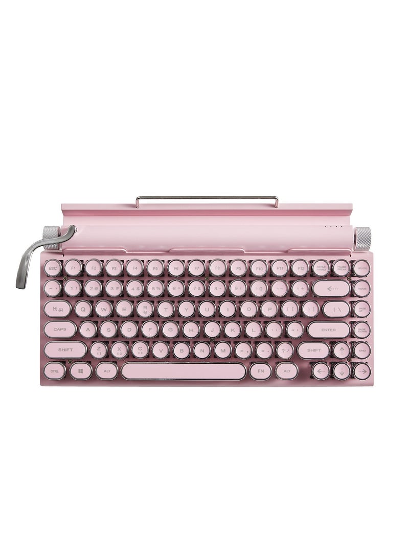 Retro Typewriter Keyboard Wireless Mechanical Gaming Vintage Keyboard 83 Key Blue Switches Punk Round Keycap 14 Modes Rainbow LED Backlight Type C Bluetooth 5.0 Compatible With PC Laptop Pink
