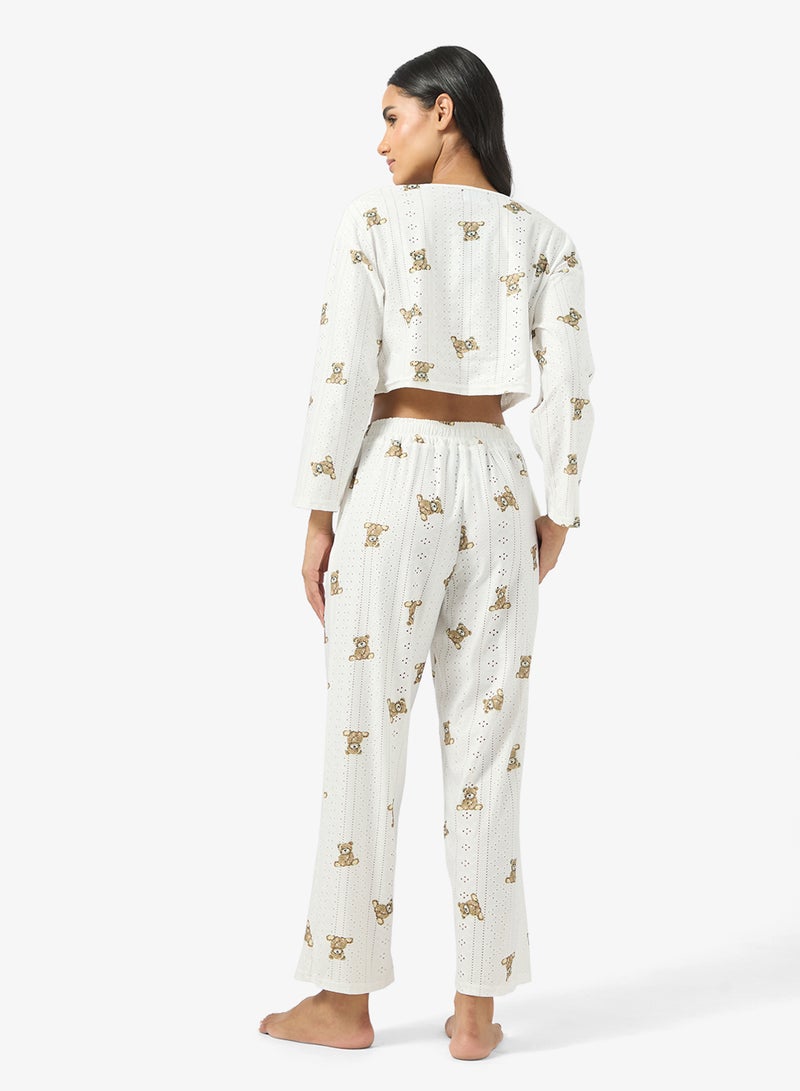 Ginger Pointelle Printed Top & Pyjama Set - Image 2