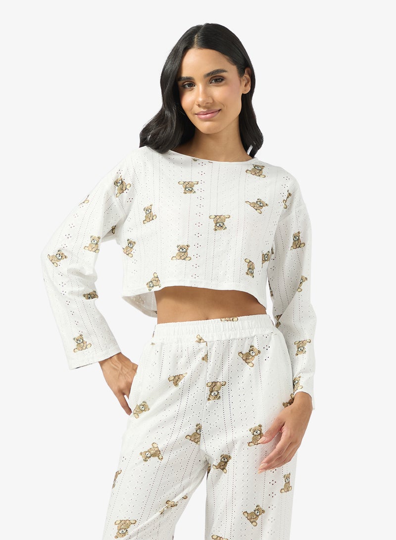 Ginger Pointelle Printed Top & Pyjama Set - Image 3