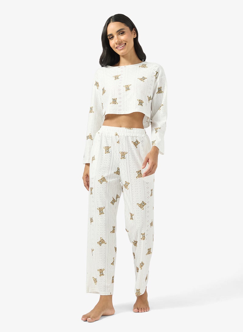 Ginger Pointelle Printed Top & Pyjama Set - Image 1