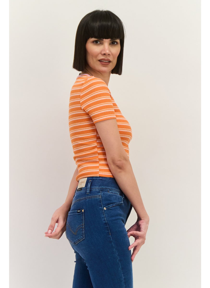 Lefties Women Round Neck Short Sleeve Stripe Top, Orange  - Image 2